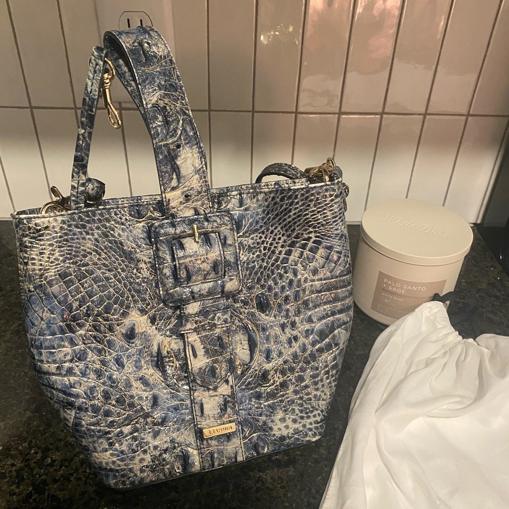 Brahmin Blue Snake Print Tote with Gold Accents